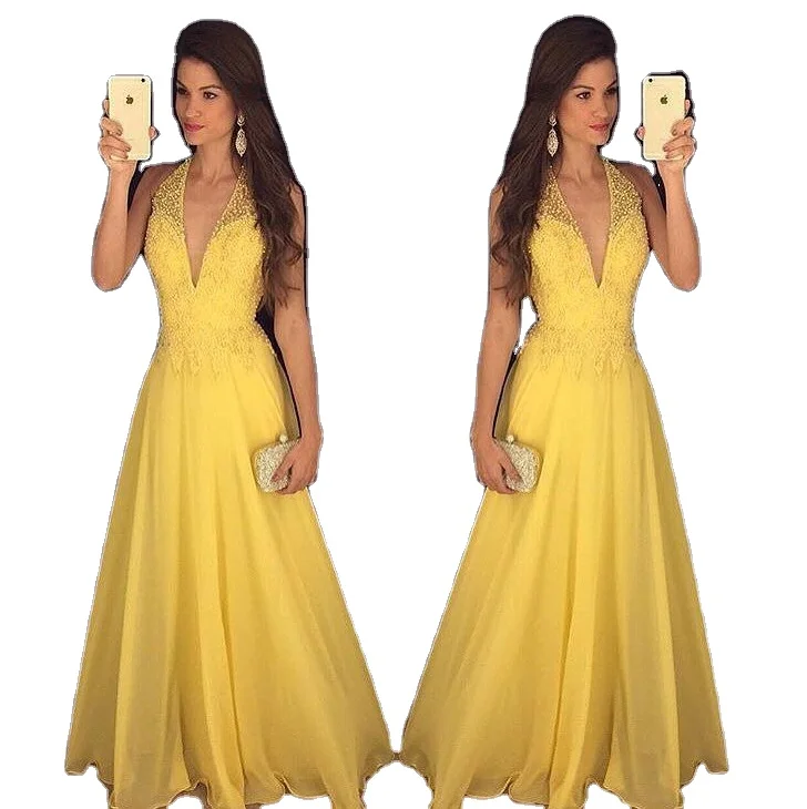 

Floor-Length Long Beading A-Line Princess Deep V Chiffon Yellow Prom Dresses