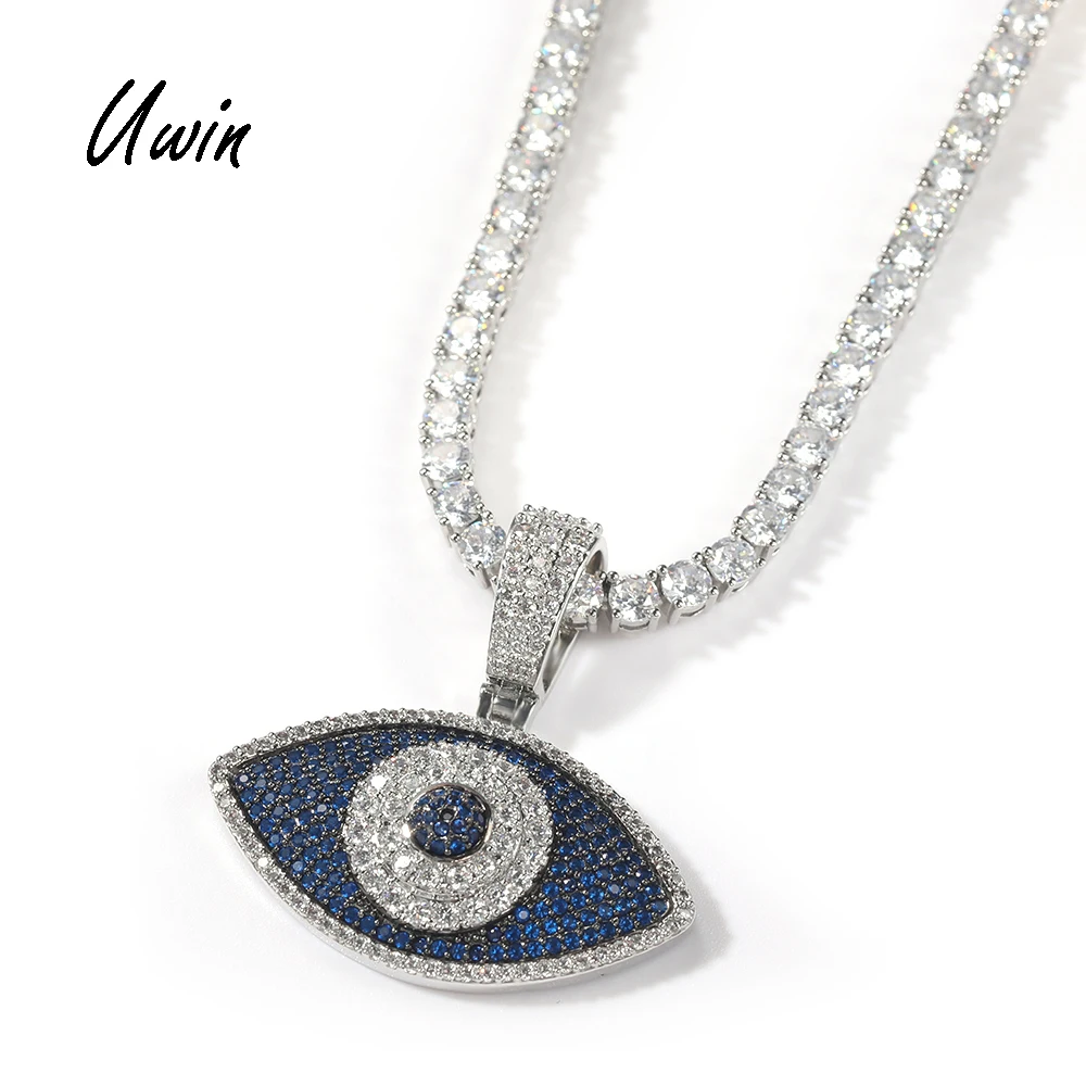 

2021 Hip Hop Blue CZ Evil Gold Eyes Pendant Charms Necklace Women Men Wholesale Rapper Jewelries