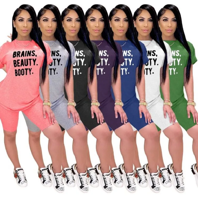 

2021 Hot sale Crew Neck Letter Print Short Sleeve Two Piece Short Set Women Casual Set clothing, As shown