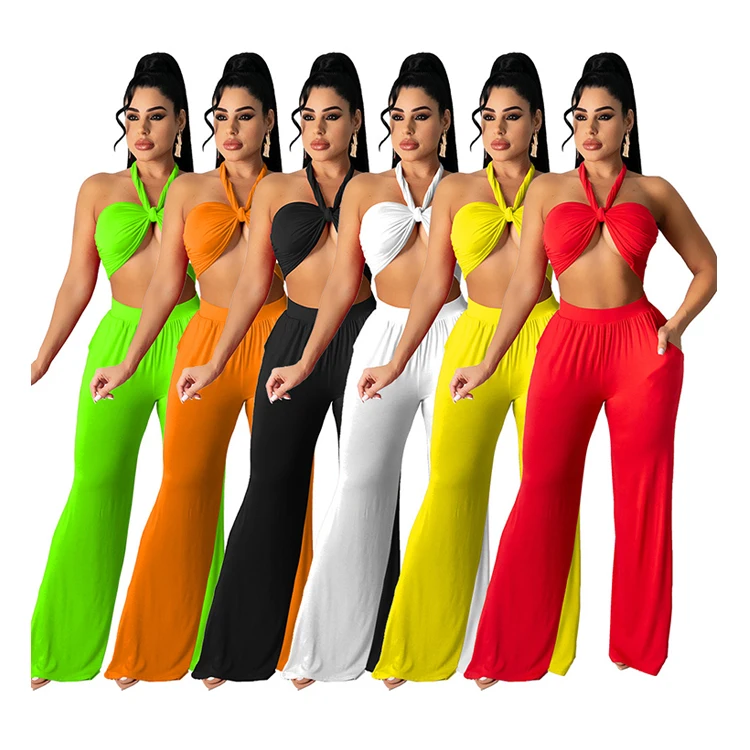 

W8201 Fashion Two-Piece Pant Set Womens Clothing Baggy Pants Women Crop Top Set