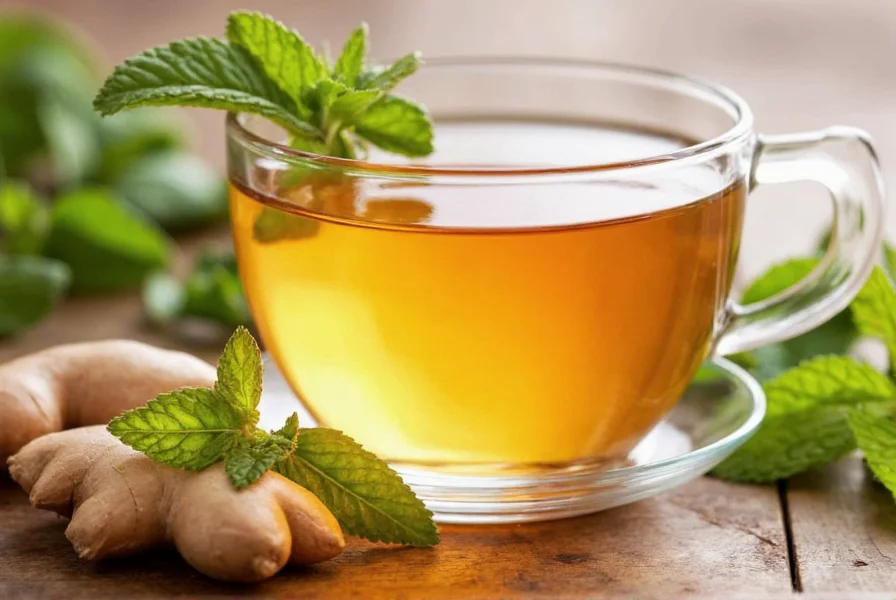 Fresh ginger root and mint leaves arranged for tea preparation
