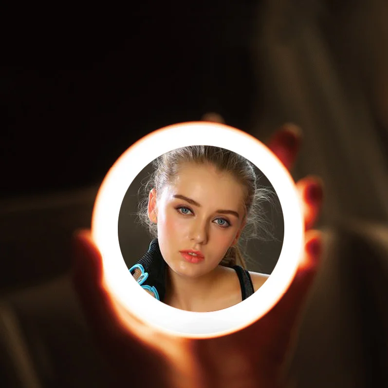 

Hot Selling Customizable Small Led Portable Vanity Mirror Hand Pocket Magic Makeup Mirror With Led Light, Brown/blue/pink