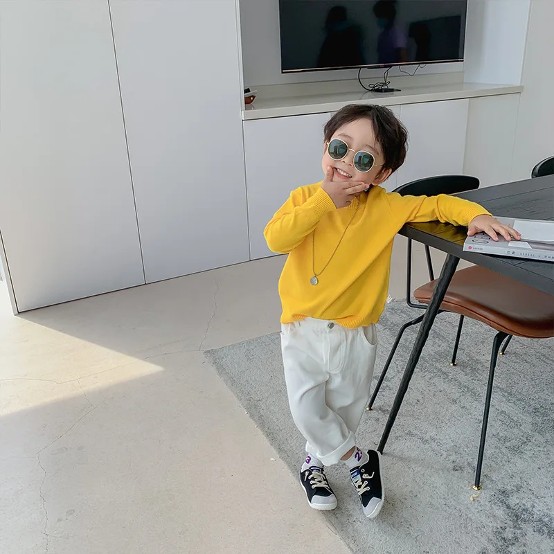 

Kids wool base sweater Boys and girls solid color round neck pullover