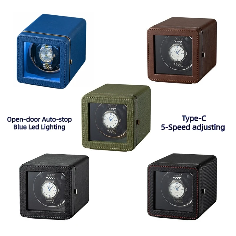 Single Automatic Watch Winder Box with Type-C Port 5 Rotation Modes & Smart Open-Door Auto-Stop Sensor