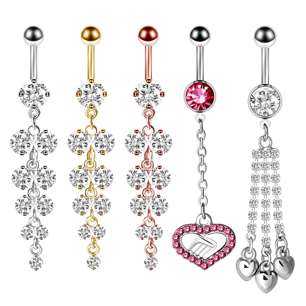 

Wholesale New Body Jewely Zircon Surgical Stainless Steel Heart Navel Piercing Ring Long Tassel Leaf Pendant Belly Button Rings