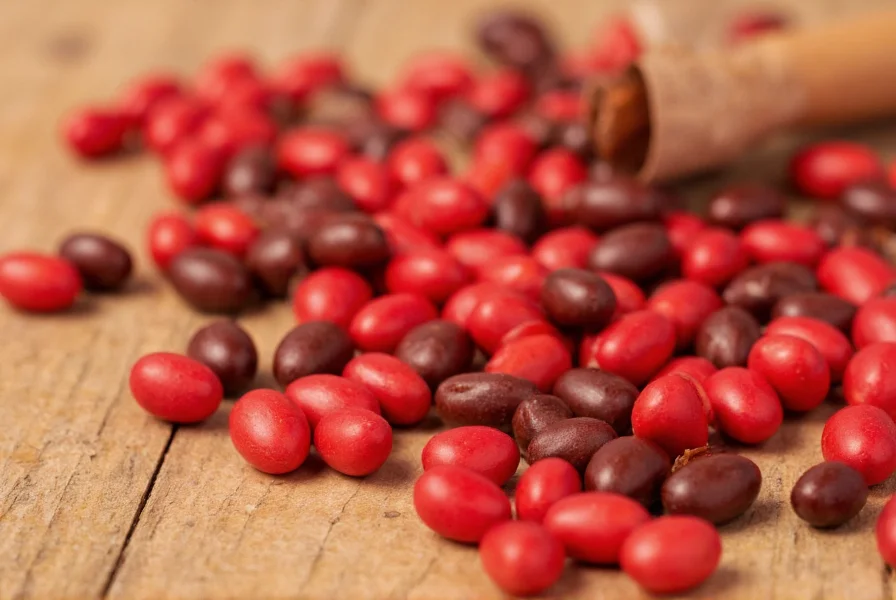 Close-up photography of vibrant red and brown cinnamon jelly beans scattered on wooden table