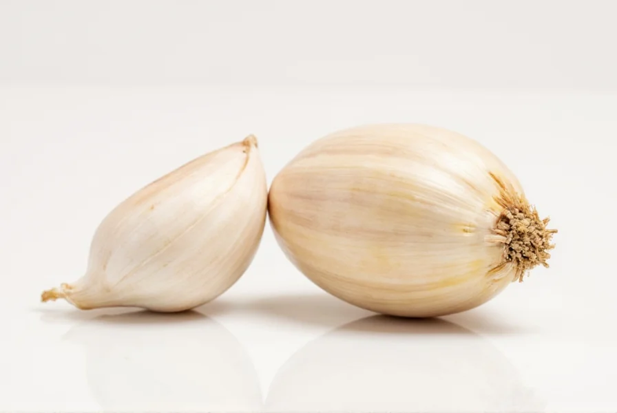 Close-up photograph of individual garlic cloves showing their papery skin, pointed tips, and flat root ends arranged on a wooden cutting board