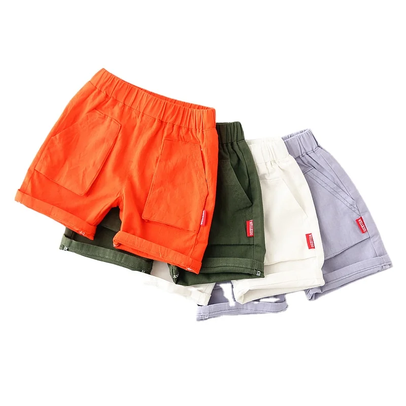 

New boys' linen cotton five-point pants baby solid color big pocket pants