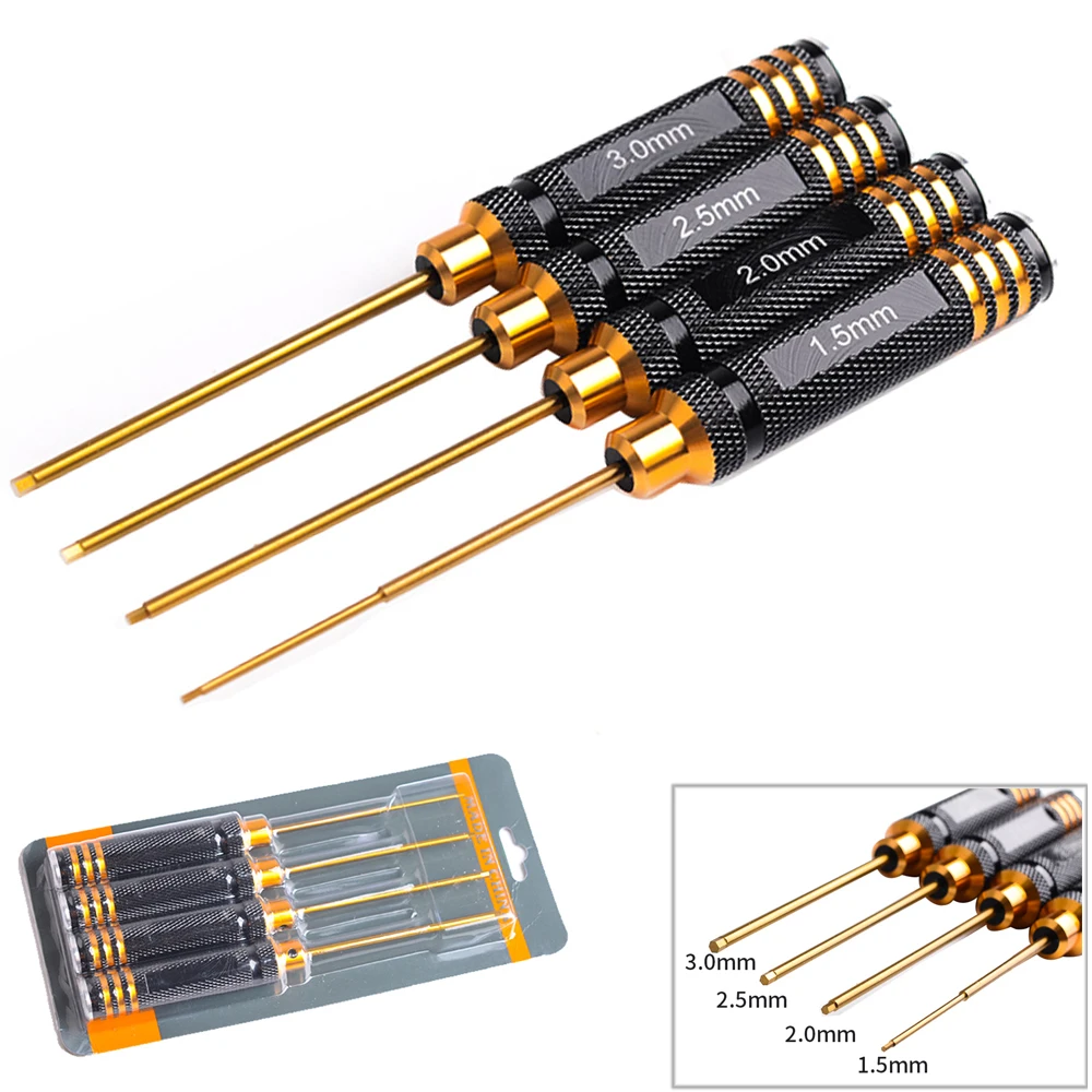 

RC Tools 4 pcs hex screw driver set titanium plating hardened 1.5 2.0 2.5 3.0mm screwdriver For Rc helicopter Rc toys (1 set)