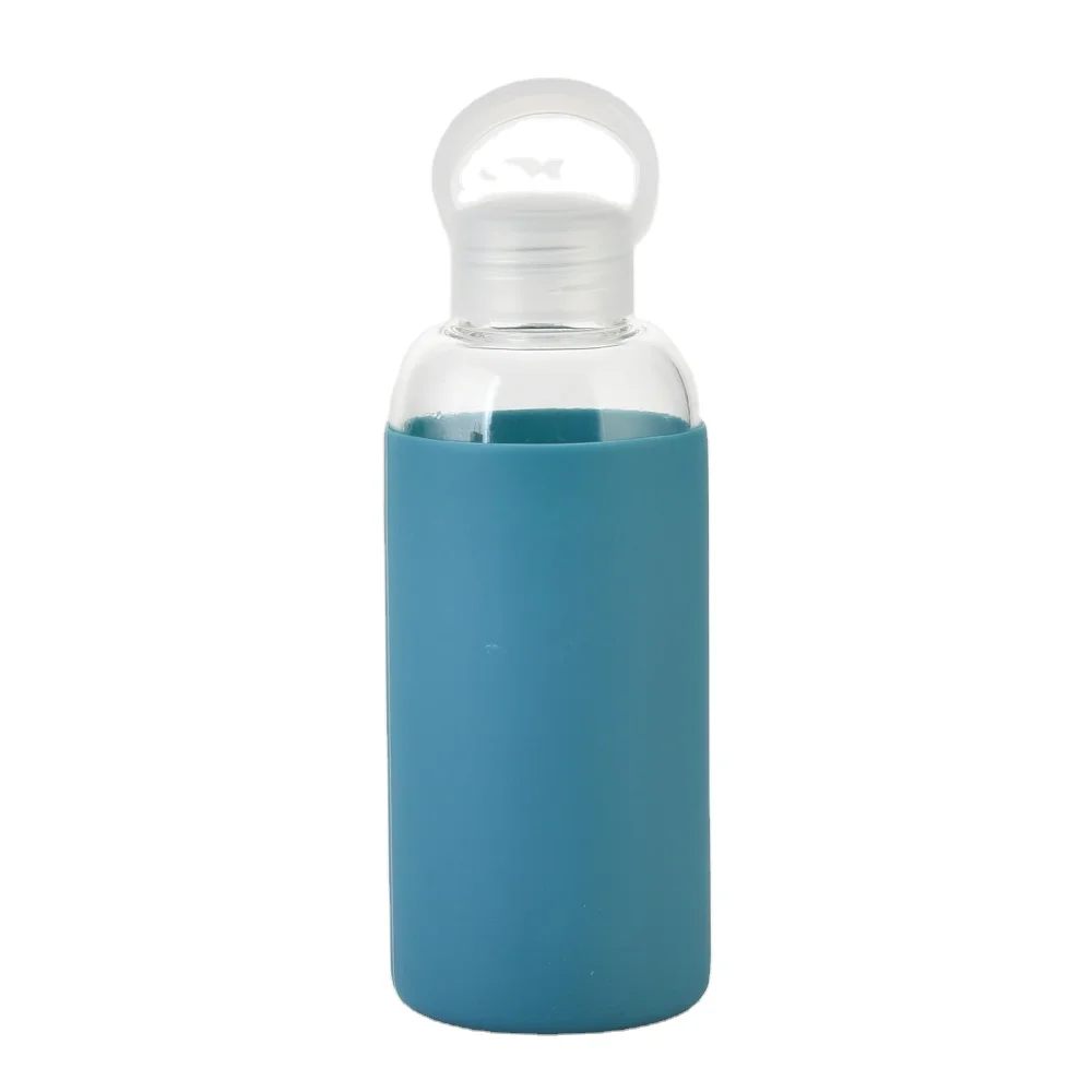 

600ml Glass water bottle with silicone sleeve with handle cover portable sports cute glass silicone water bottle, Customized color