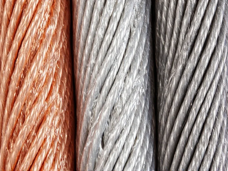 Close-up comparison of copper, aluminum, and steel wire strands