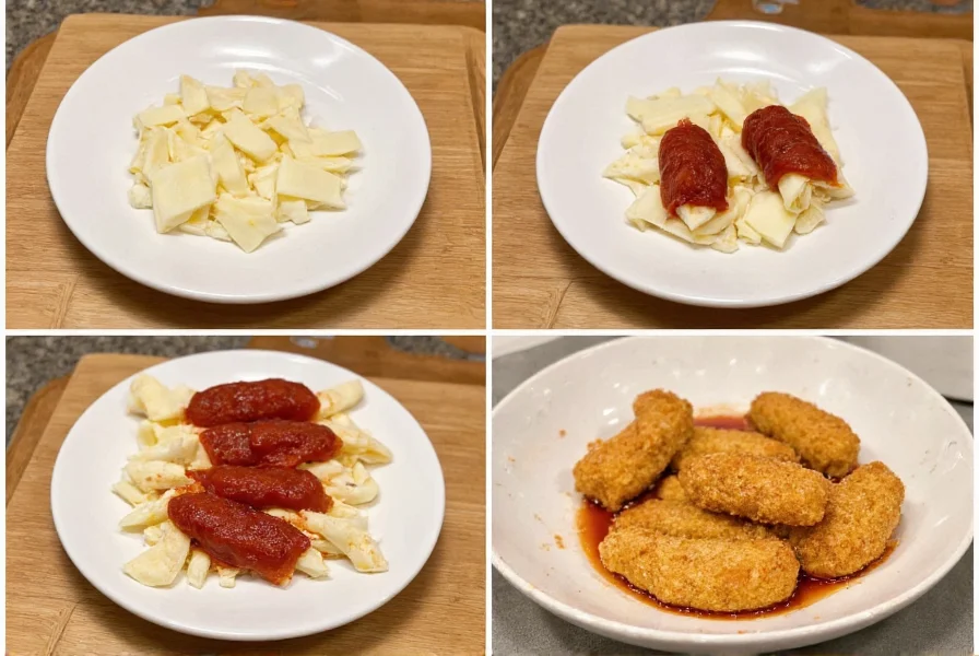 Step-by-step preparation of chili mozzarella sticks showing cheese cutting, chili wrapping, breading process, and frying