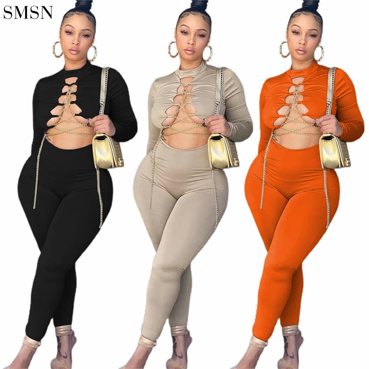 

New Arrival Sexy Club Wear Fall Jumpsuits Fashion Solid Color Cutaway Neck Chain Cross Hollow Out Tights Women Jumpsuit 2021