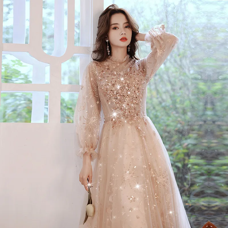 

2021 New Champagne Banquet Temperament Long Long Sleeve French Princess Dress Elegant Noble Evening Dress, Picture color