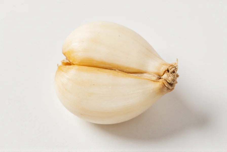 Close-up photograph of a single garlic clove showing its teardrop shape, papery skin, and creamy white interior