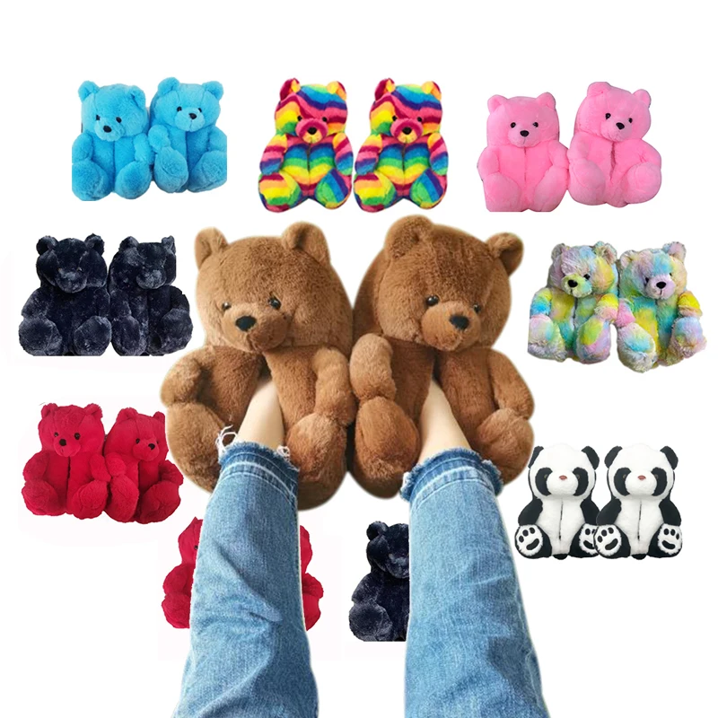 

kids mommy and me toddler plush  fits all tebby teedy house shoes adult teddy bear slippers for women girls, Gray&brown