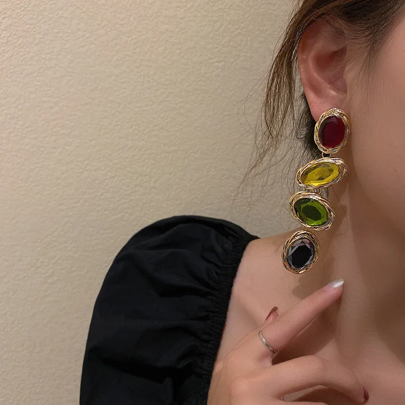 

Statement Colorful Geometric Gemstone Drop Earrings Long Large Gem Pendants Earrings, Picture shows/custom color