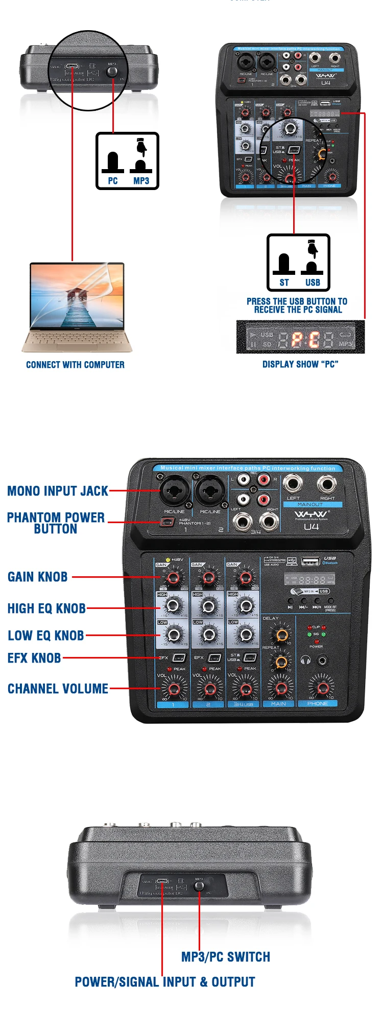 6 and 4 channel USB audio mixer console