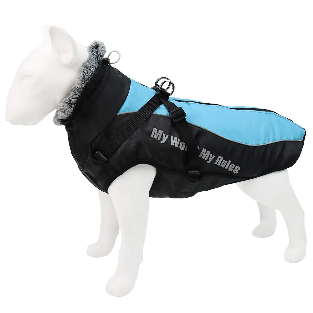 

2021 new portable big dog warm fur collar waterproof poncho night reflective wind and rain proof pet coat, 5 colors