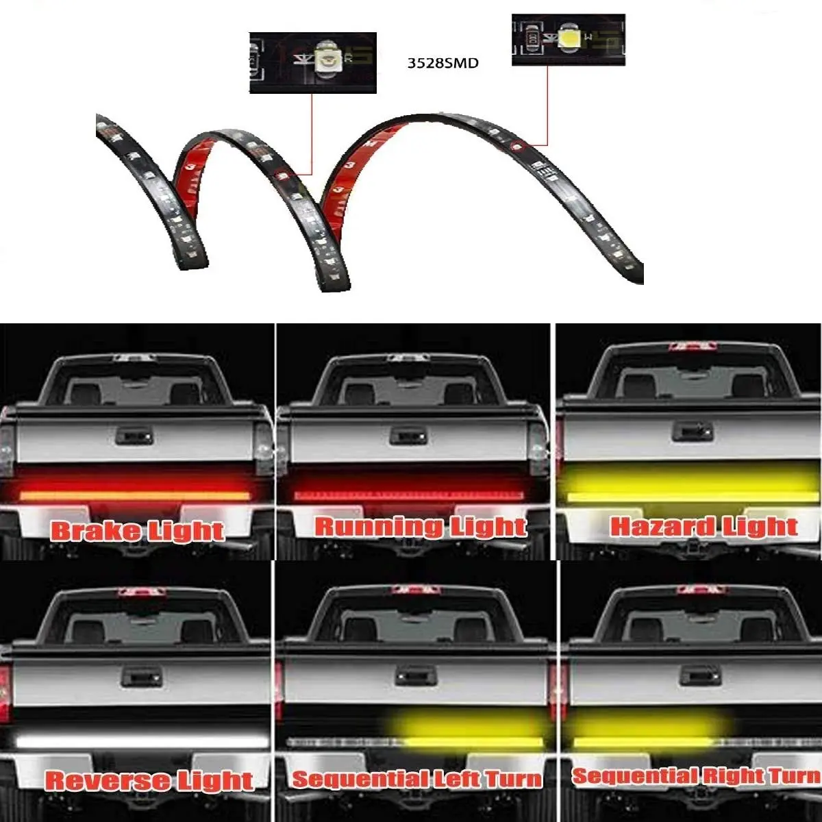 60 inch Waterproof  sequential Tailgate Light Bar Running Turn Signal Brake Tail light Strip With Red Reverse White & Amber