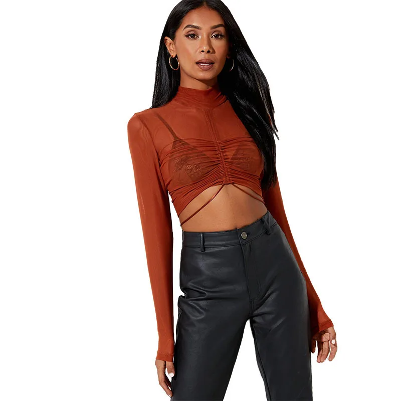 

European and American sexy screen perspective pure-color t-shirt women high-necked tie with pleated slim look with bottom shir