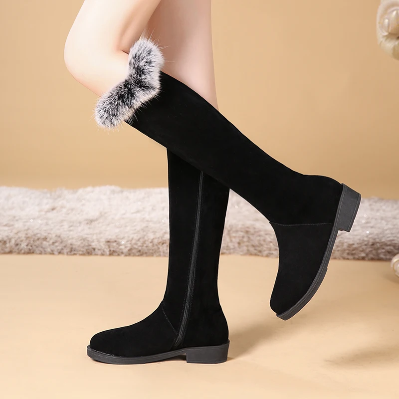 

Fashion Pure Color Round Toe Zipper Over-The-Knee Boots Square Heels Vintage Women Boots, Black red apricot