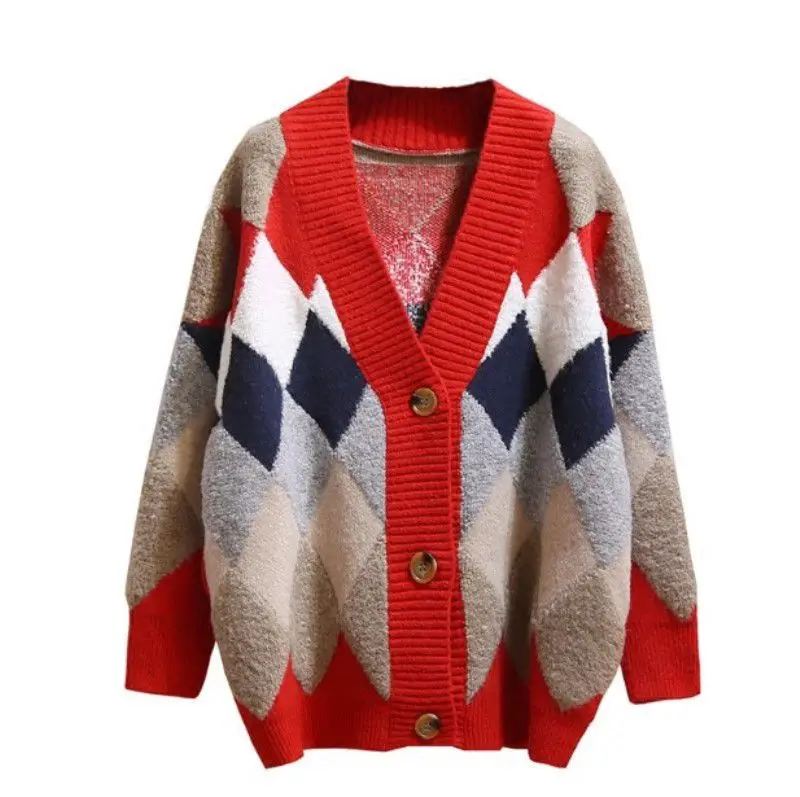 

2021 New fashion winter oversized color blocking cardigan Knitted Crochet women ladies sweater cardigan