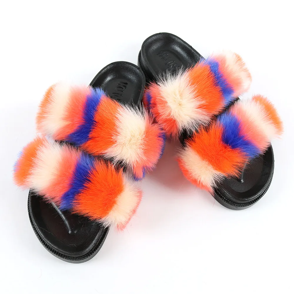 

2021 fashion colorful furry faux fur slippers slides with two strap