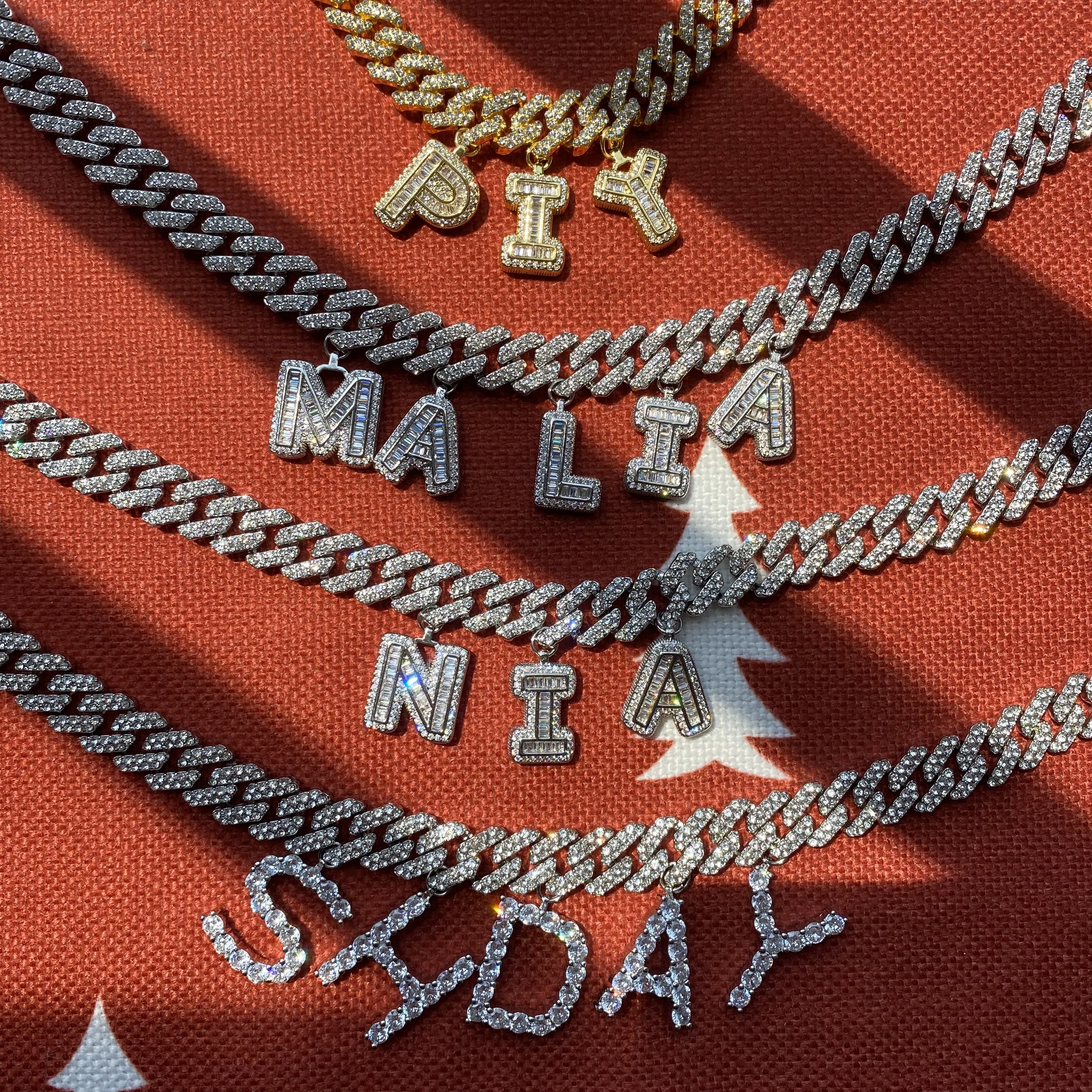 

Hip Hop Iced Out Miami Custom Letters Charm Necklace Bracelet Cuban Cuban Chain Link Chain, Gold/ white gold/ rose gold