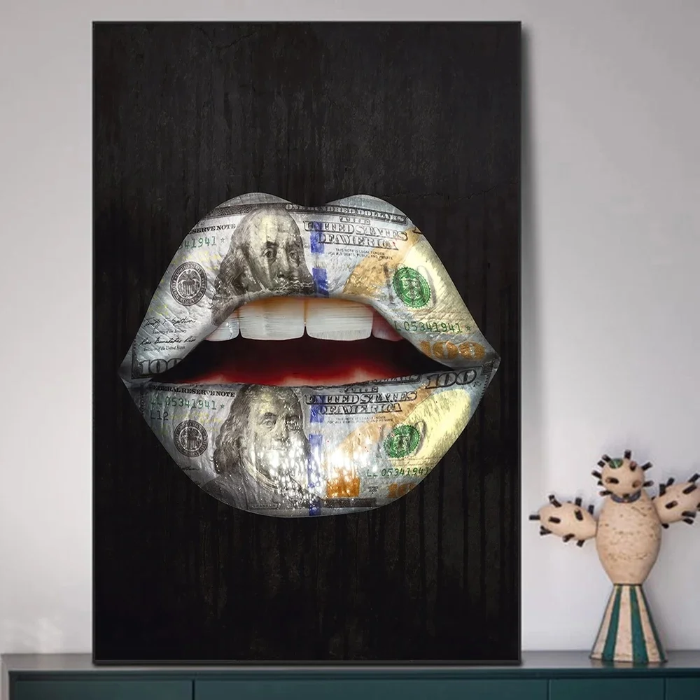 

Money on Mouth Inspirational Canvas Art Posters And Prints Lips Graffiti Art Canvas Paintings On the Wall Street Art Pictures