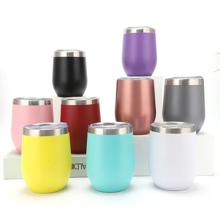 

Wholesale 12oz Egg Shape Wine Cup Stainless Steel Double Wall Vacuum Insulated Stemless Wine Tumbler Mugs with Lid and Straw