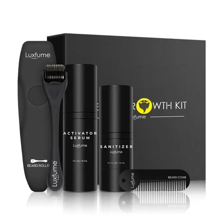 

Customize logo Private Label with Beard Serum Oi Roller Sanitizer Comb Luxfume Beard Growth Kit