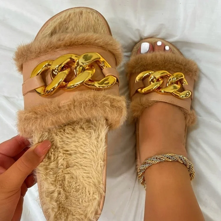 

Fashion Style Women Fur Slippers Platform Sandals with Gold Chain Strap Large Size Furry Slippers for Ladies, 3 color