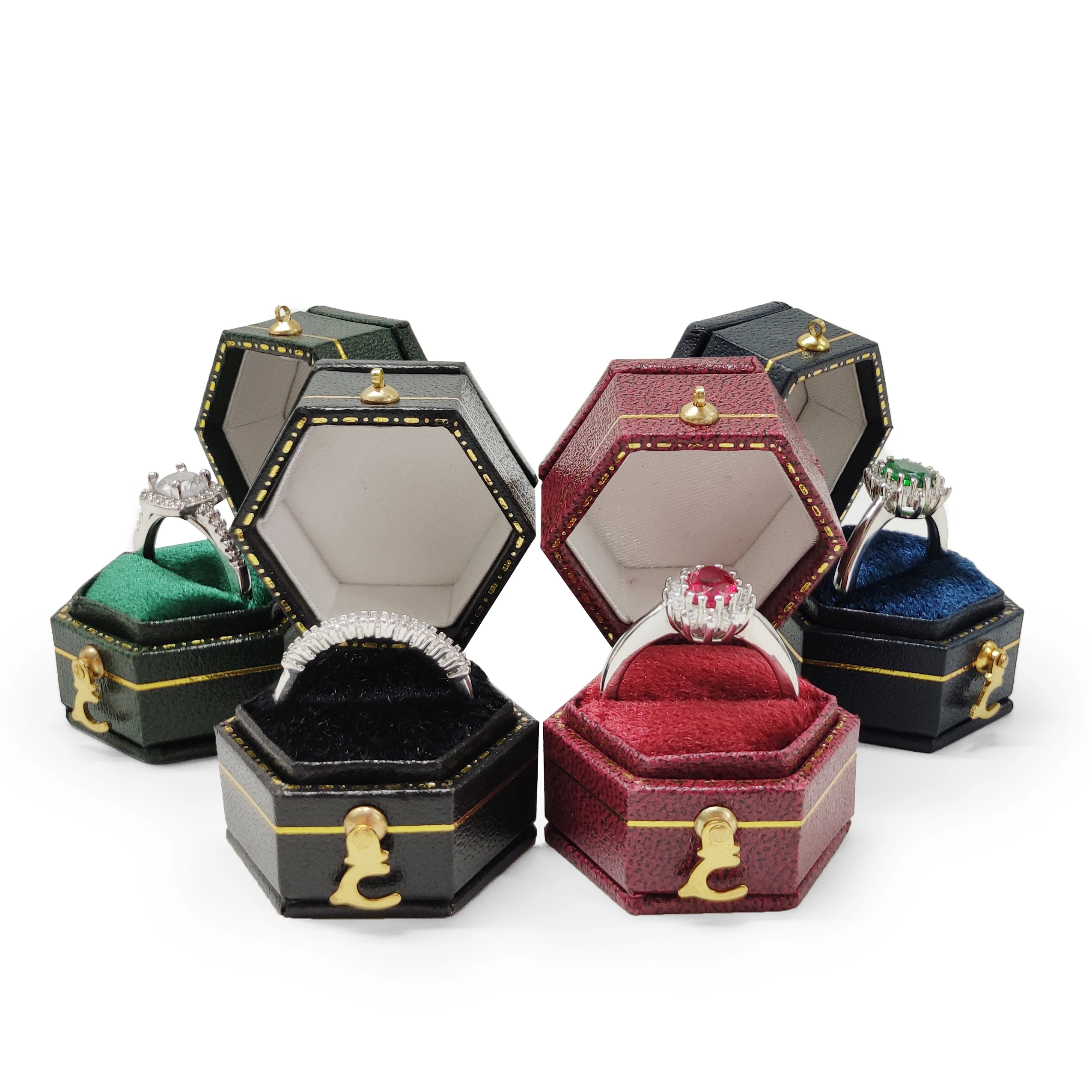 

European Mini Retro Ring Pair Prop Jewelry Box Retro Jewelry Box Hexagon Ring Box from stock, Deep red/navy blue/earth green/retro black