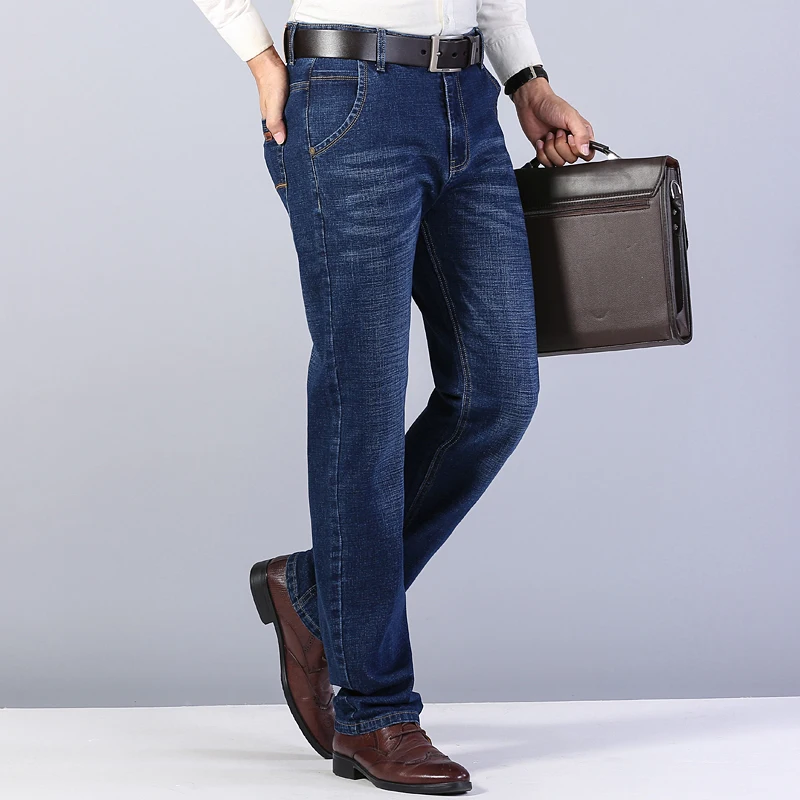 

Business Style Straight Leg Jeans Men Leisure Classic High elastic Mid Waist Denim Long Business Trousers, Grey