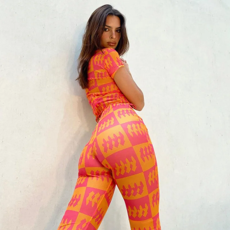 

2021 Summer Ladies Casual Suit Printed Slim Suit Fresh And Comfortable Chiffon Breathable Streetwear set Women's Clothing, Orange/green