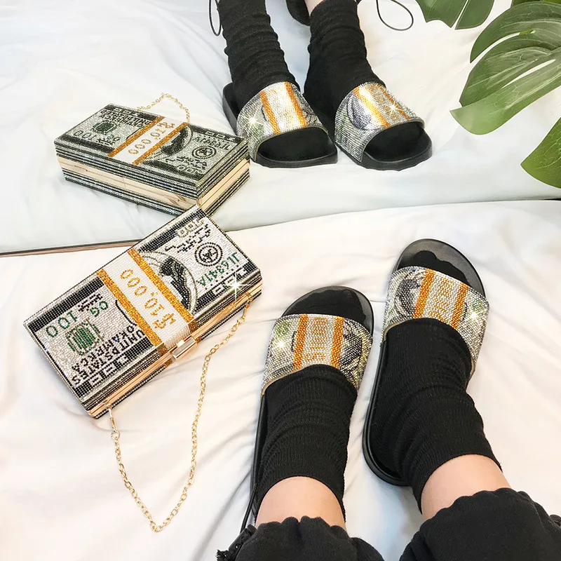 

Sandals And Purse Sets Rhinestone Evening Clutch Mini Bags Ladies Bling Luxury Handbags Slippers for Women Purse and Shoe Sets, Customizable