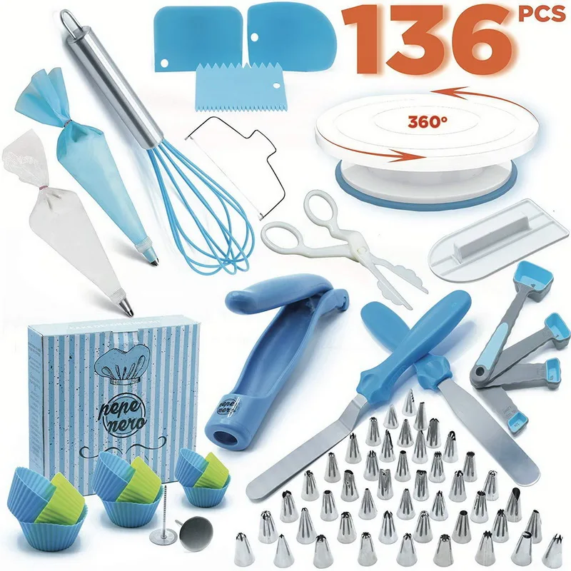 

136 pcs cream smoother curved spatula cake turntable decorating nozzle full set baking tools, As picture