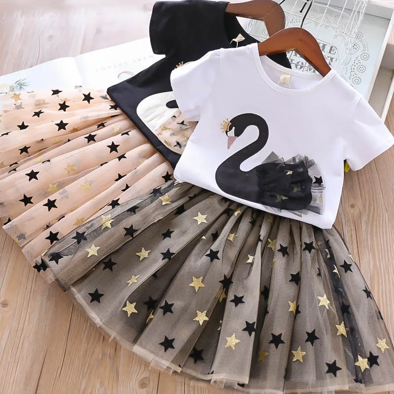 

Summer new foreign trade girl suit baby girl short sleeve swan blouse plus star net gauze skirt two sets