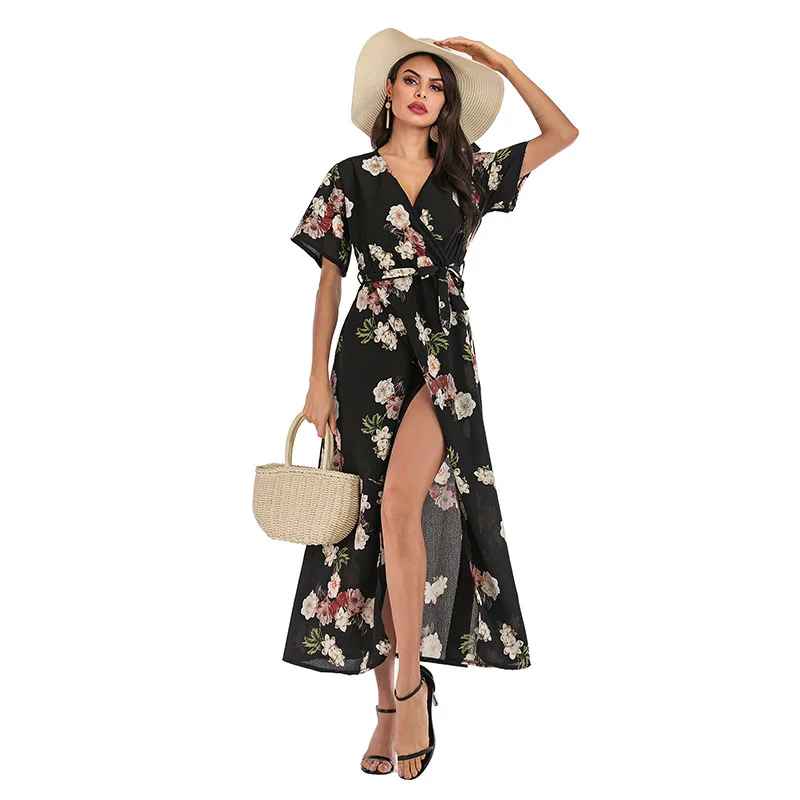 

Short sleeve women's summer v-neck seaside holiday beach floral dress women clothing