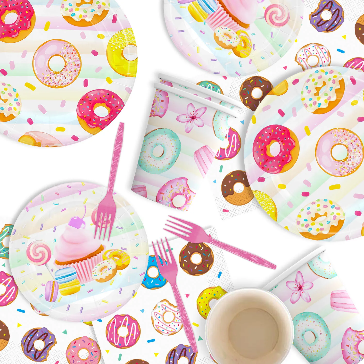 

Wholesale Party Supplies Doughnut Printing Pink Other Party Decorations Disposable stock Girl Rainbow Donut party supplies set