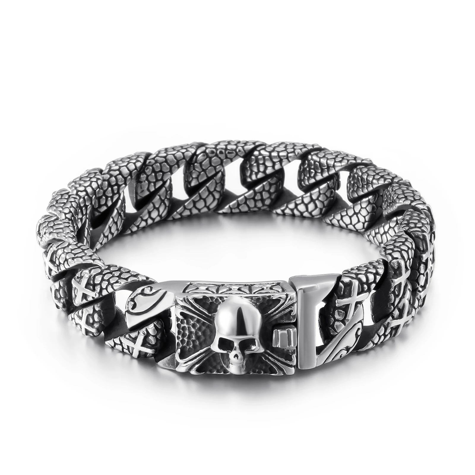 

KALEN Pirate Skulls Clasp Skull Charms Snake Skin Pattern Curb Chain Mens Large Stainless Steel Skeleton Cross Bracelet For Men