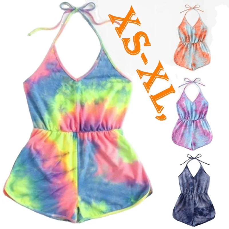 

CS1369 Women Very Strechy Halter Neck Backless Bikini Summer Clothing Tie Dye Camisole Satin Camisole Rompers Swimwear, Multi