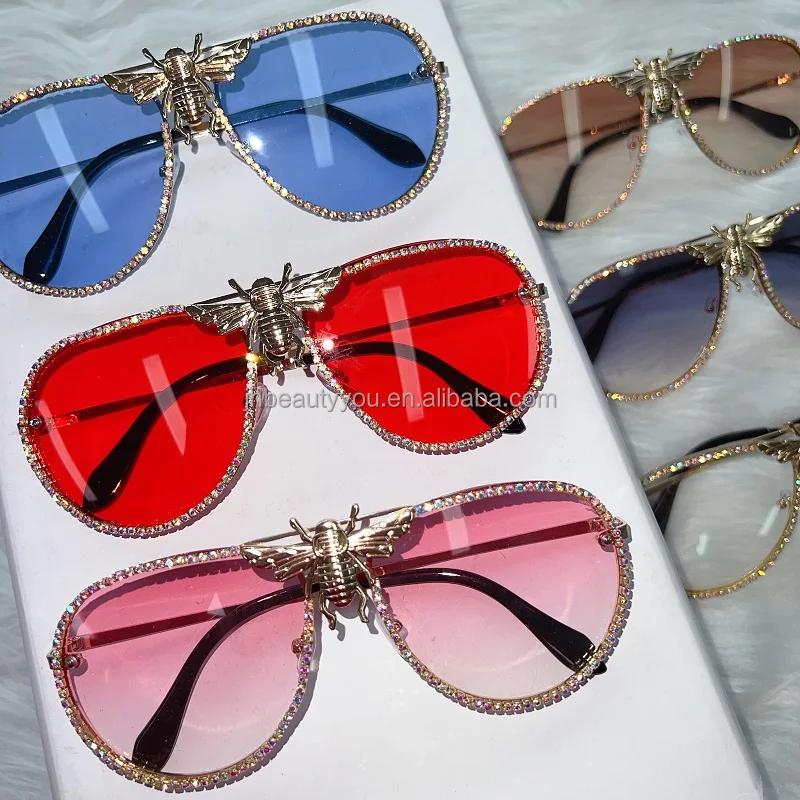 

2021 2022 Design Women Metal Fashion Diamond Sun Shades Luxury Rimless Big Frame Bee Sunglasses, As the picture shows