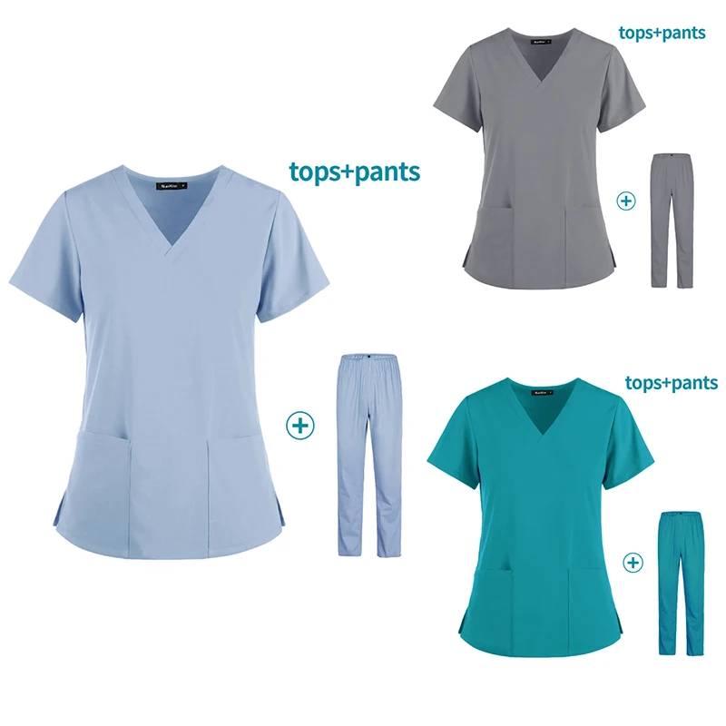 

Fashion Unisex V Necklace Uniform Scrubs Suit Wholesale Hospital Spandex Nurse Medical Stretch Scrubs, 3 color