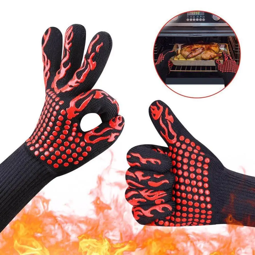 

1hand bakewere Oven Mitts Gloves BBQ Silicon gloves High Temperature Anti-scalding 500/800 Degree Insulation Barbecue Microwave, As photo