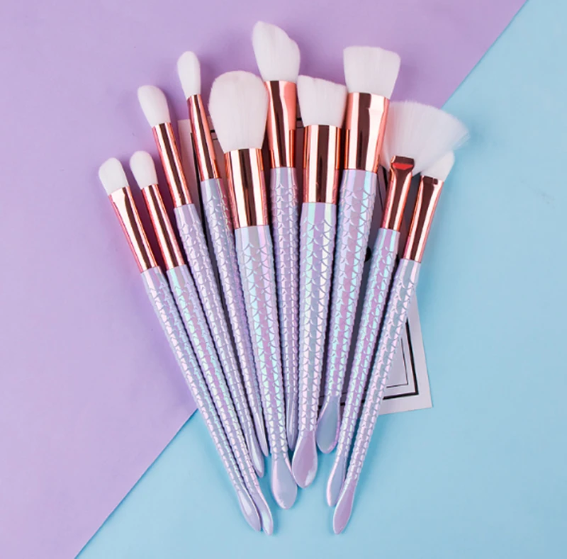 

Custom logo Private label 10pcs shiny mermaid makeup brush fashion fish tail make up brushes detangling brush set