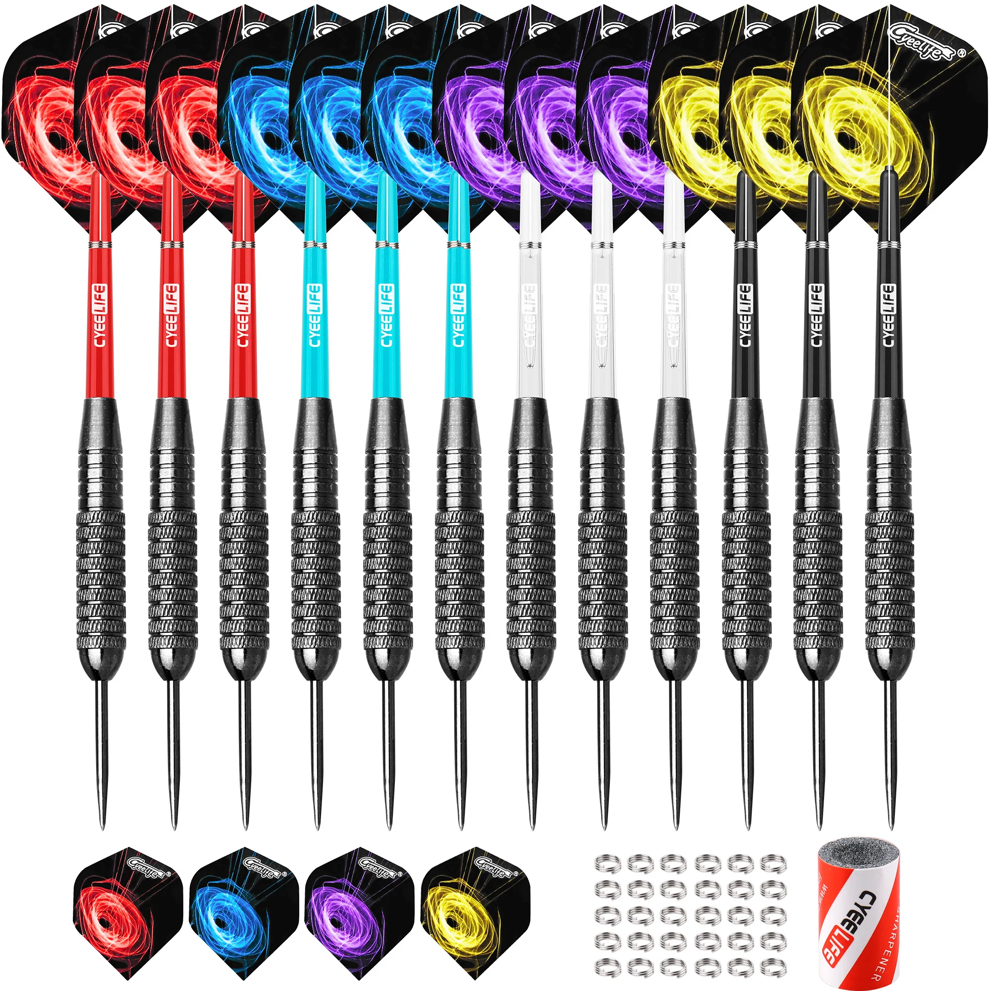 

Cyeelife 4 Colors PVC Shafts and PET Flights 22g 12 packs Steel Darts Set with Metal O Rings and Sharpener, Muti color