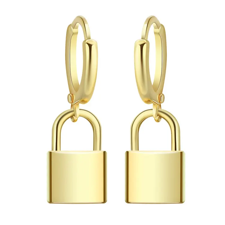 

SC 2022 Simple Design Lock Dangle Hoop Earrings High Polished Gold Plated Stainless Steel Lock Dangle Huggie Earrings for Women, Gold, silver