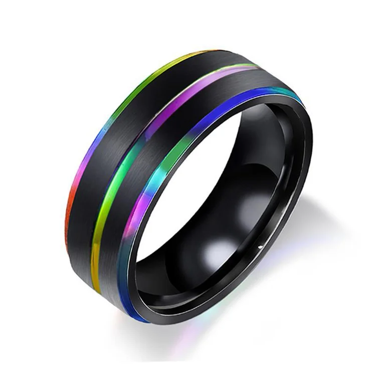 

Wholesale men's fashion titanium steel rainbow ring double plating groove men's ring hand jewelry